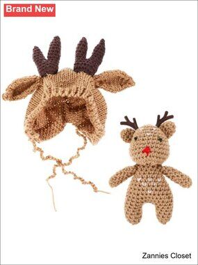 🎄 Baby Reindeer Hat Crochet Beanie Knit Stocking Cap Photo Prop 1-3M